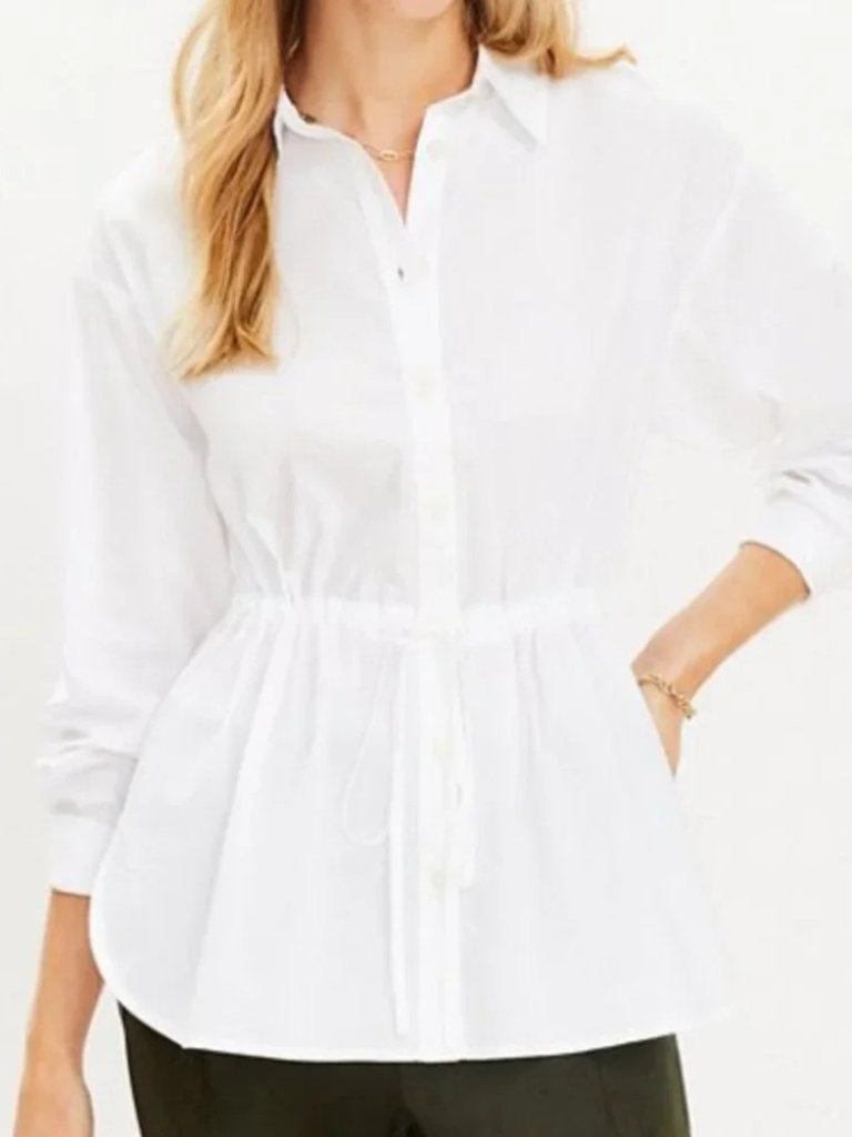 Loft | Button Down Tunic Shirt Top White Drawstring Waist Collared Long Sleeves